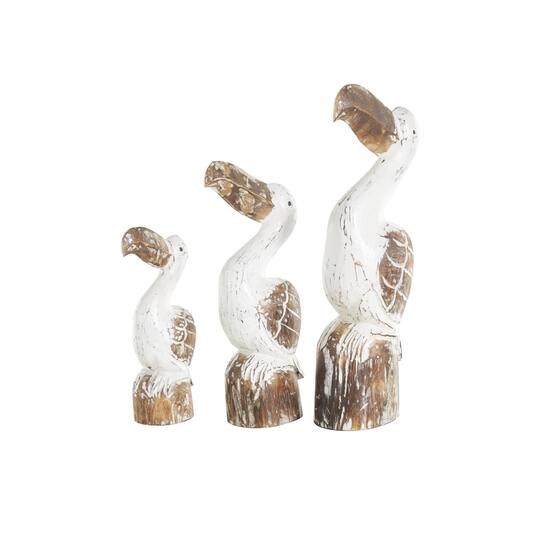 White & Brown Pelican Handmade Distressed Wooden Sculpture Set